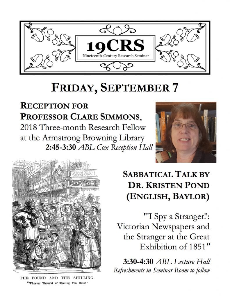 Flier for Professor Clare Simmons's Reception and Dr. Kristen Pond's Sabbatical Talk