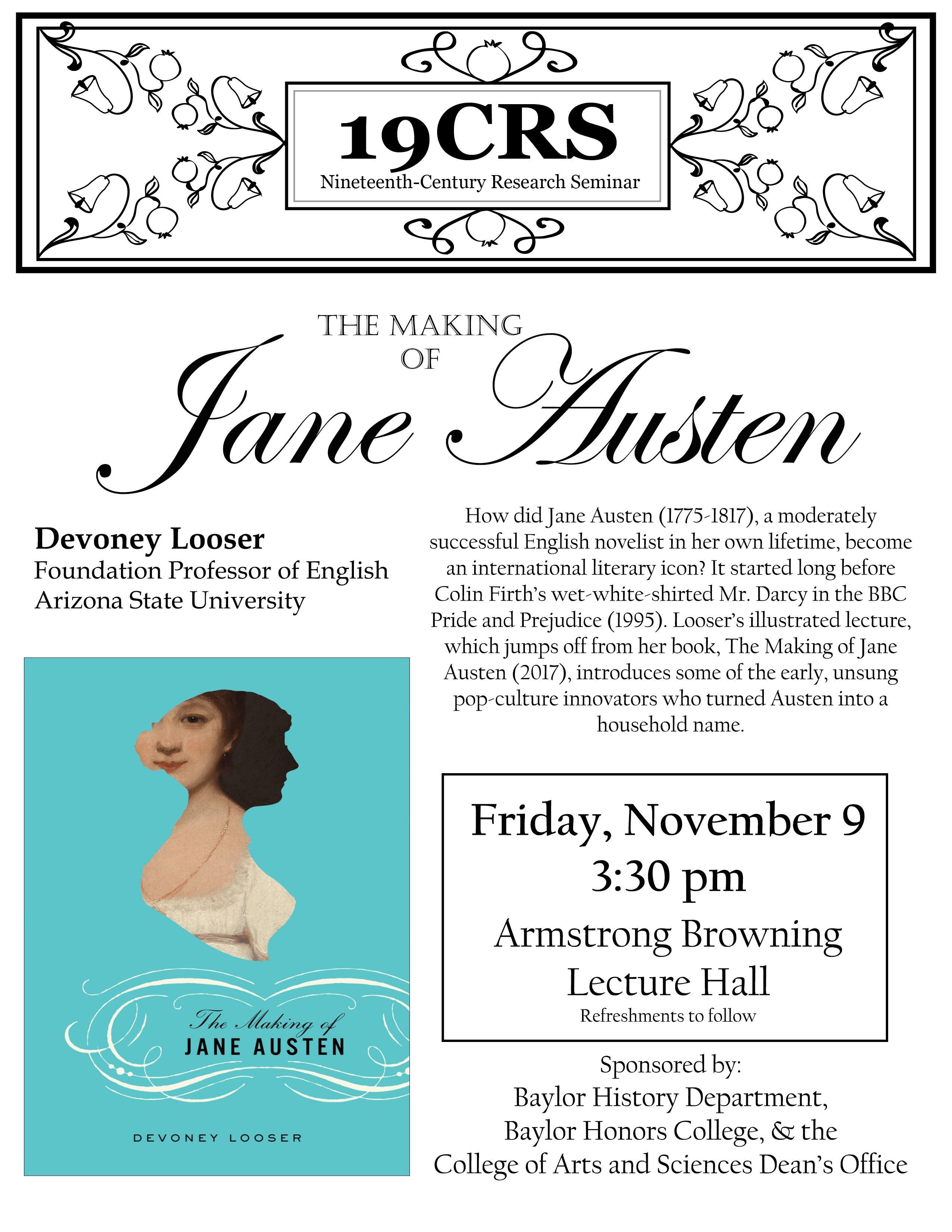 Flyer for Devoney Looser's talk, "The Making of Jane Austen" 