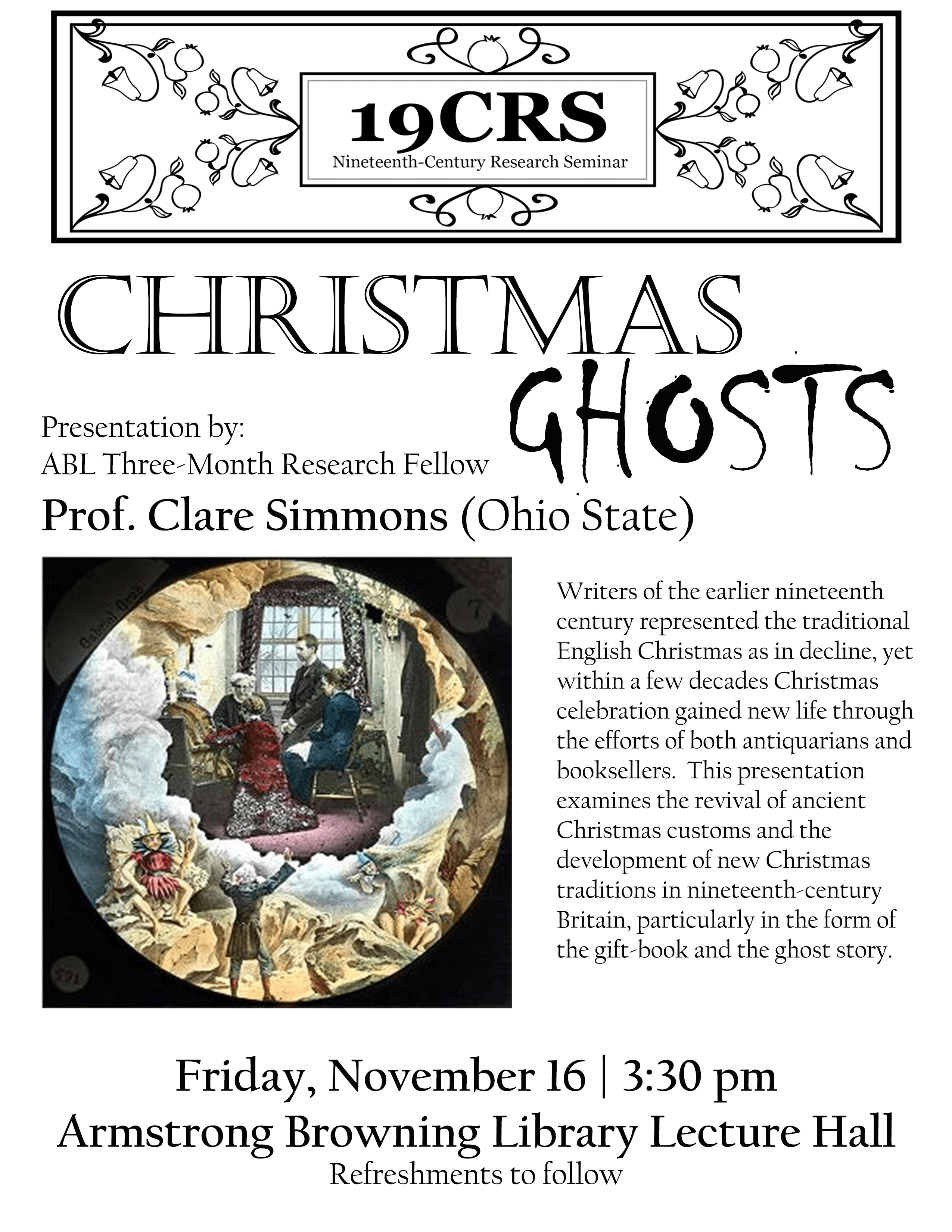Flyer for Prof. Clare Simmons's talk: "Christmas Ghosts" 