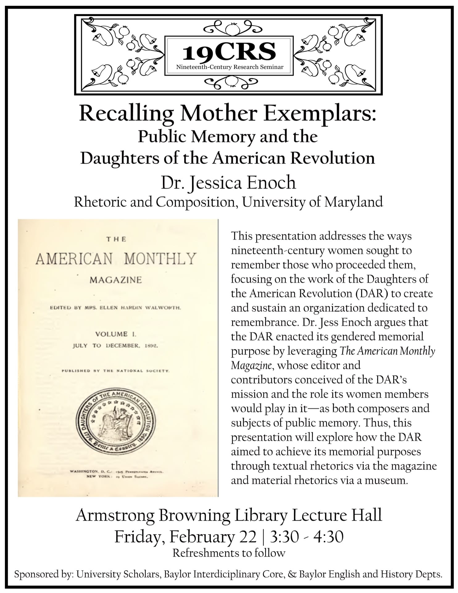 Flyer for Jess Enoch's talk. It includes an image of a title page from American Monthly Magazine.