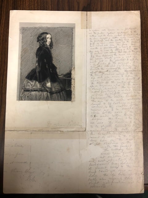 photograph of a page containing the corrected engraving of Elizabeth Barrett Browning in the top left corner. You can see sketch marks where the image has been altered. Handwritten notes fill the rest of the page. 