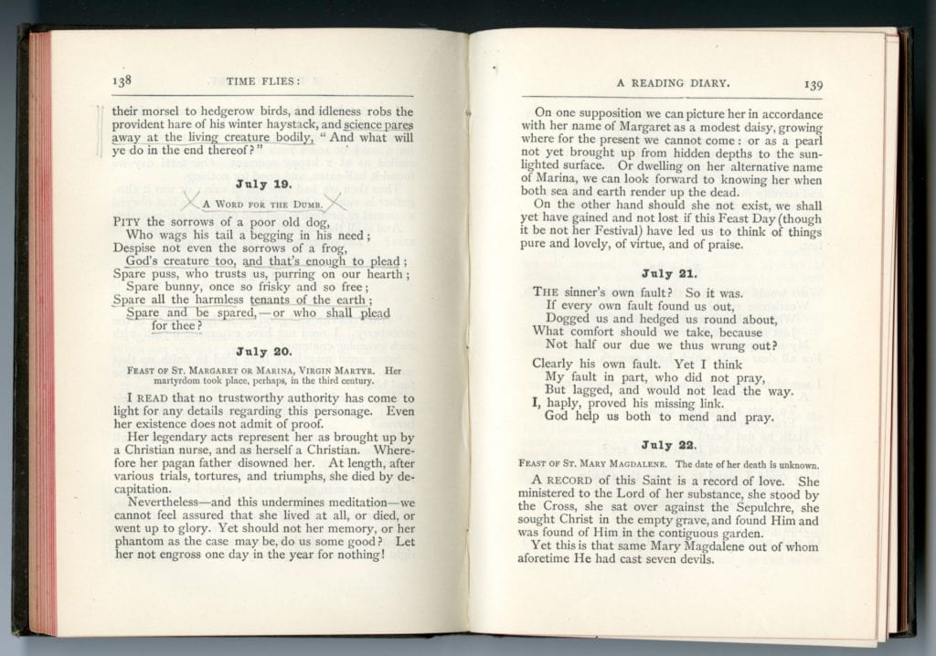 Scan of Rossetti's Time Flies open to page 138 and 139 showing the end of the entry for July 18th, 19th, 20th, 21st, and part of the 22nd