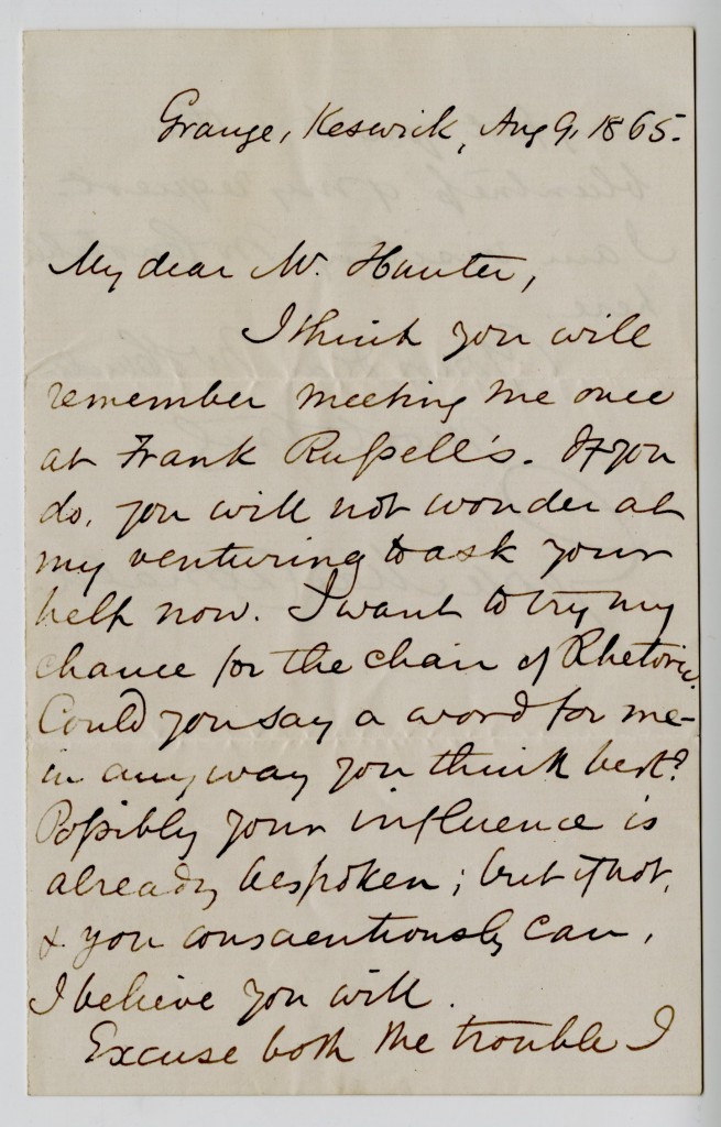 Letter from George MacDonald to Mr. Hunter. 9 August 1865.