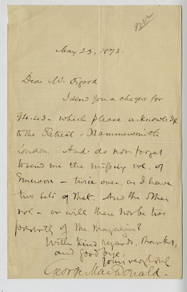 Letter from George MacDonald to Mr. Osgood. 23 May 1873.