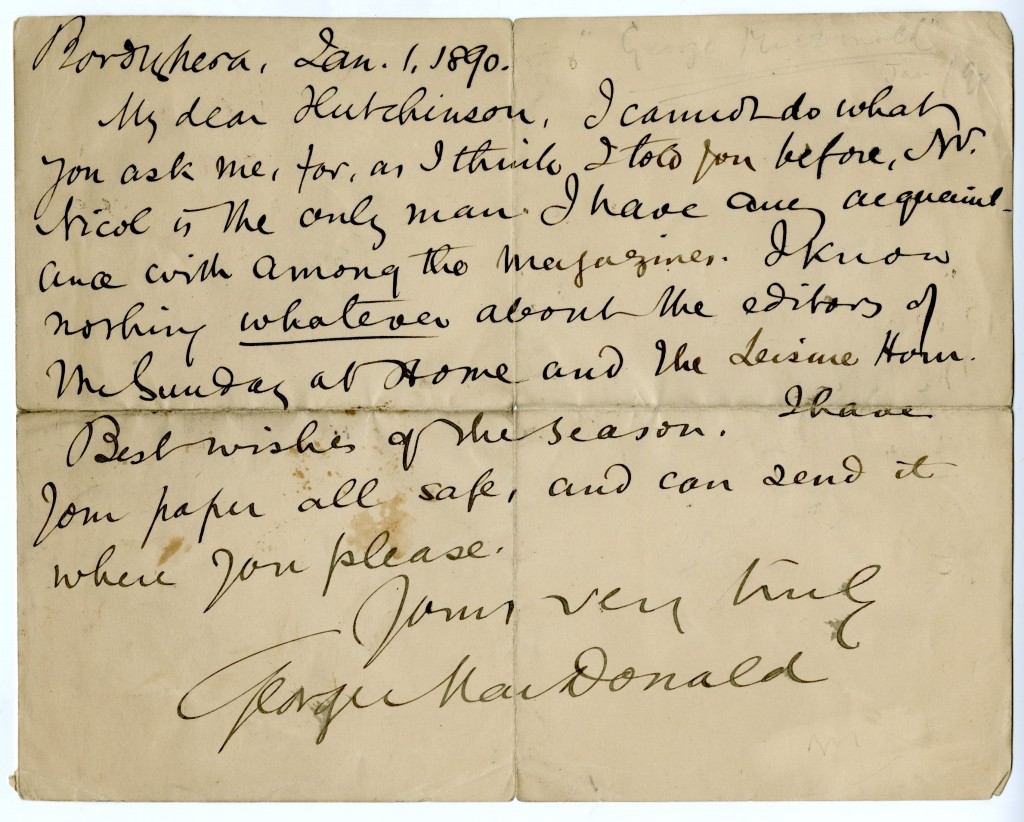 Letter from George MacDonald to [Mr.] Hutchinson. 1 January 1890.