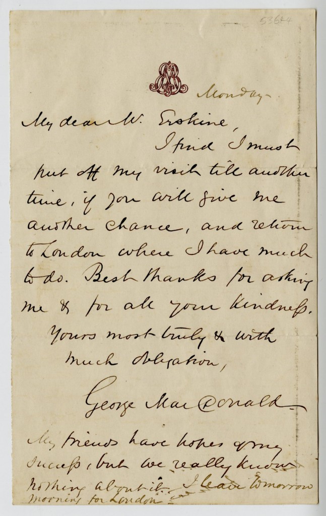 Letter from George MacDonald to Mr. Erskine. Monday, [no date].