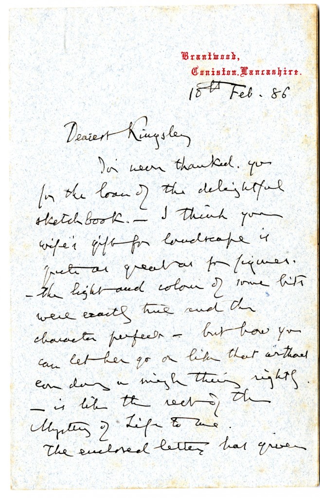 Letter from John Ruskin to [William] Kingsley. 18 February 1886. Page 1.