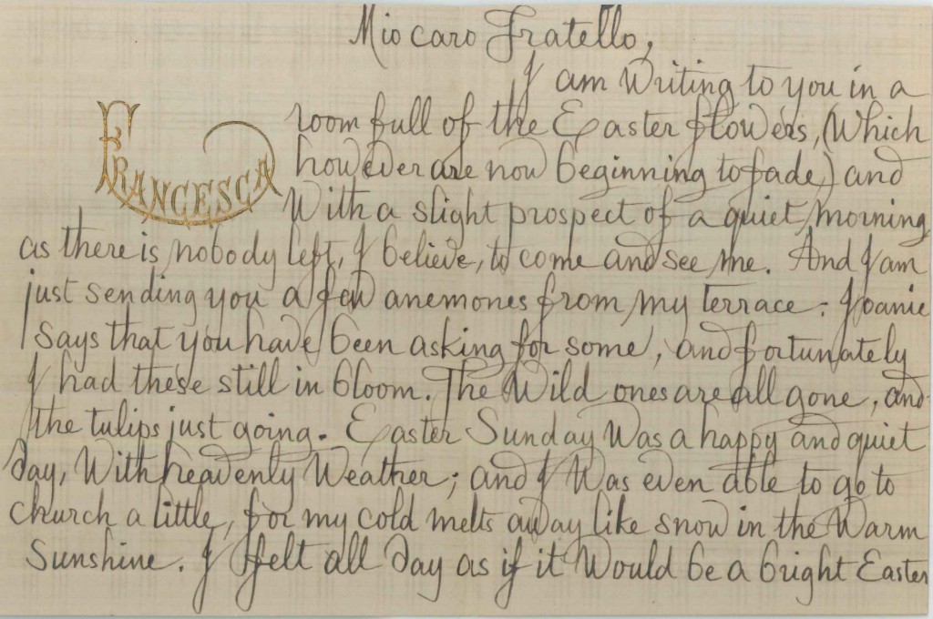 Letter from Francesca Alexander to John Ruskin. [ca. April 1885]. Page 1.