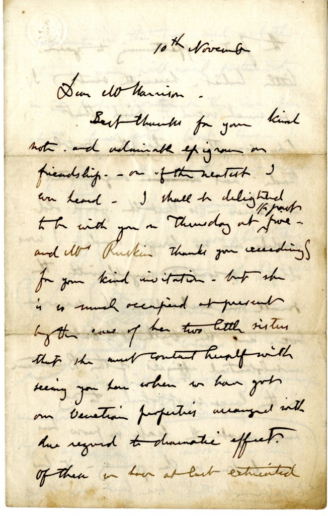 Letter from John Ruskin to W. H. Harrison. 10 November [1851]. Page 1.
