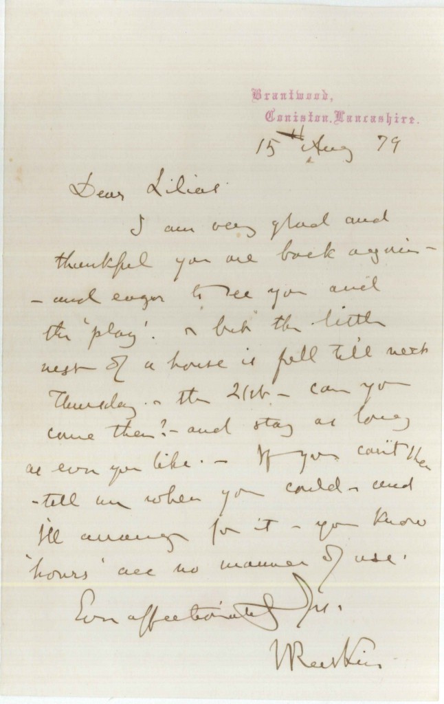 Letter from John Ruskin to Lilias Trotter. 15 August 1879.