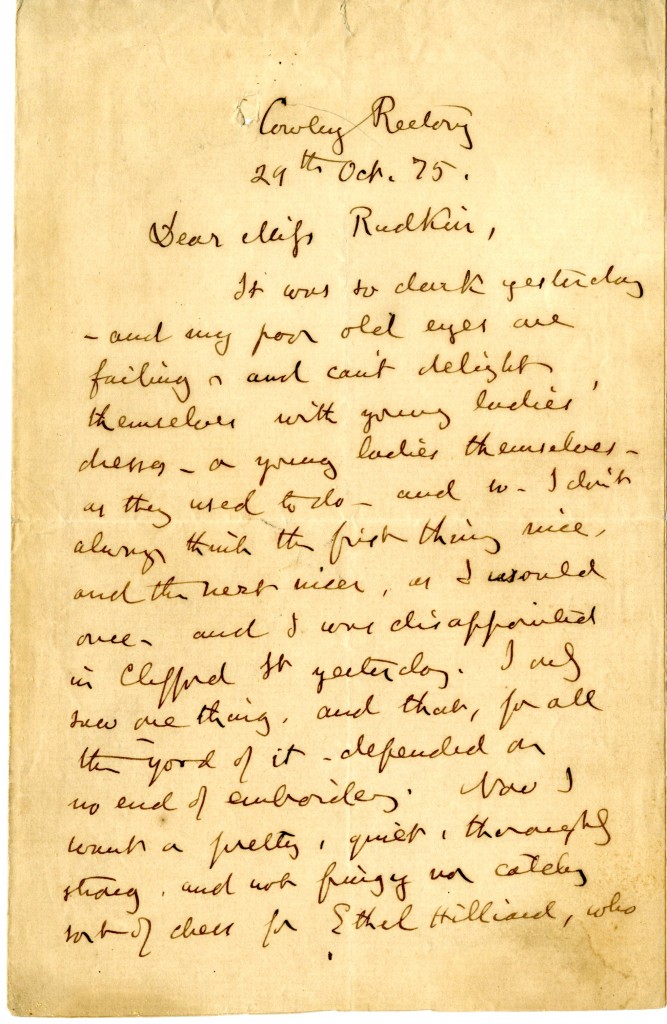 Letter from John Ruskin to Miss Rudkin. 29 October 1875. Page 1.