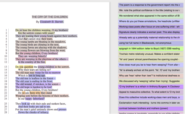 EBB's poem "The Cry of the Children" annotated with different colored text boxes