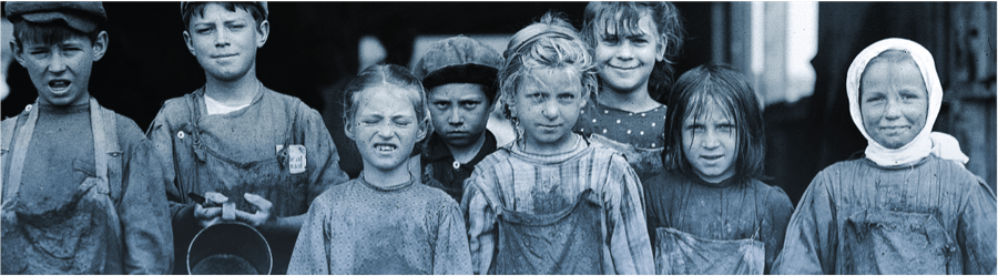 A group of children in dirty clothing, appearing to be from the 19th century