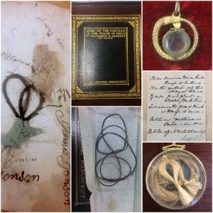 From left: Hair album of the Estes Family (Texas Collection), manuscript of EBB’s ‘Lines on the Portrait of the Widow of Riego’ and lock of the widow’s hair (H0508), replica of a locket worn by EBB containing RB’s hair (H0493), manuscript page of Leigh Hunt’s ‘To Robert Batty, M.D., on His Giving Me a Lock of Milton's Hair’ (ABL Victorian Collection), and a lock of EBB’s hair (H0479).