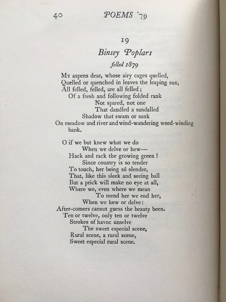 Gerard Manley Hopkins’s “Binsey Poplars,” from Poems of Gerard Manley Hopkins, 1st Edition. London: Humphrey Milford, 1918.