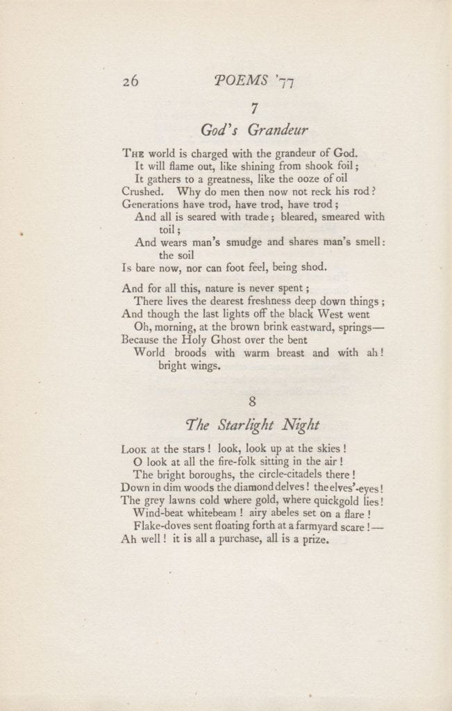 Gerard Manley Hopkins’s “God’s Grandeur,” from Poems of Gerard Manley Hopkins, 1st Edition. London: Humphrey Milford, 1918.