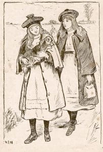 Illustration by W. J. Morgan of two girls walking, one is carrying a dog, in Molesworth’s Lucky Ducks (1891).