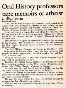 O'Hair memoirs taped, Free U. attempts O'Hair visit Lariat 1-25-1972 (crop)
