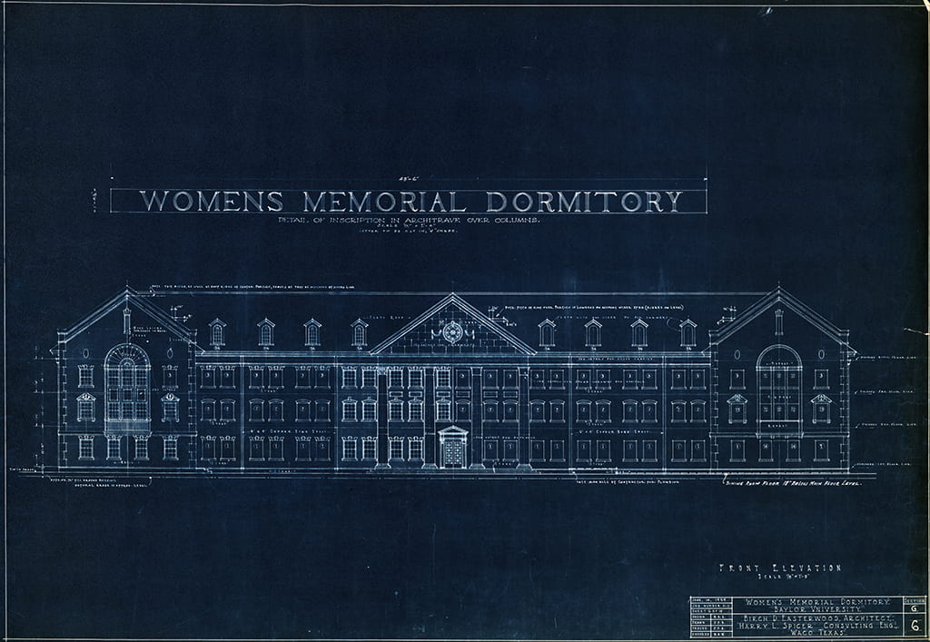 Front Elevation and Detail of Inscription in Architrave Over Columns, Women's Memorial Dormitory, Baylor University. Birch D. Easterwood, architect. June 10, 1929.