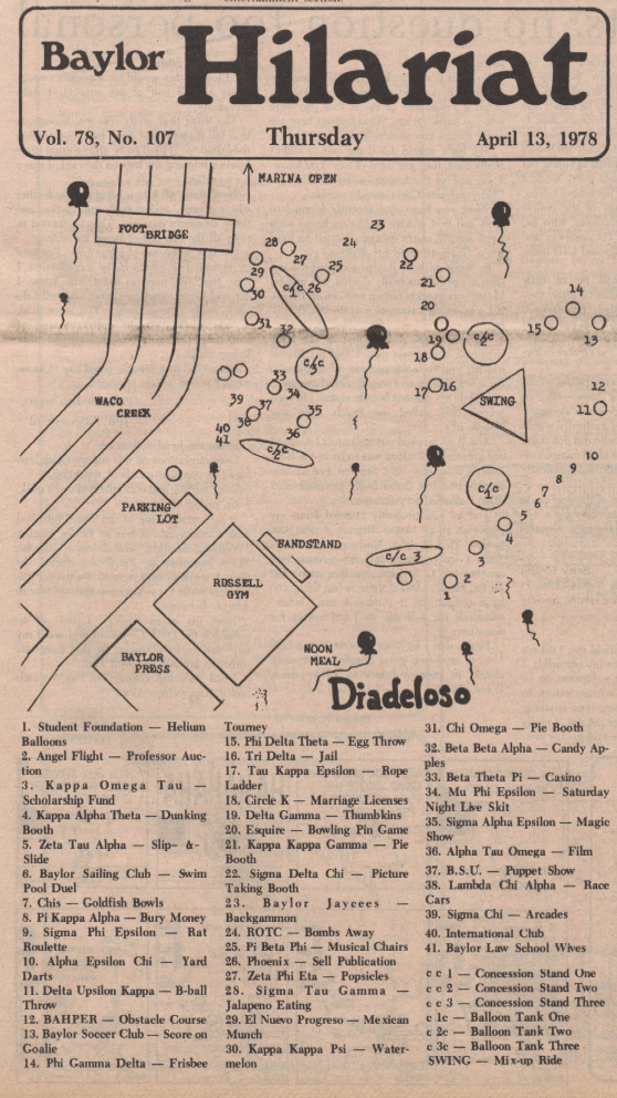 Map of festivities from Dia-related issue of the "Baylor Lariat" of April 13, 1978.