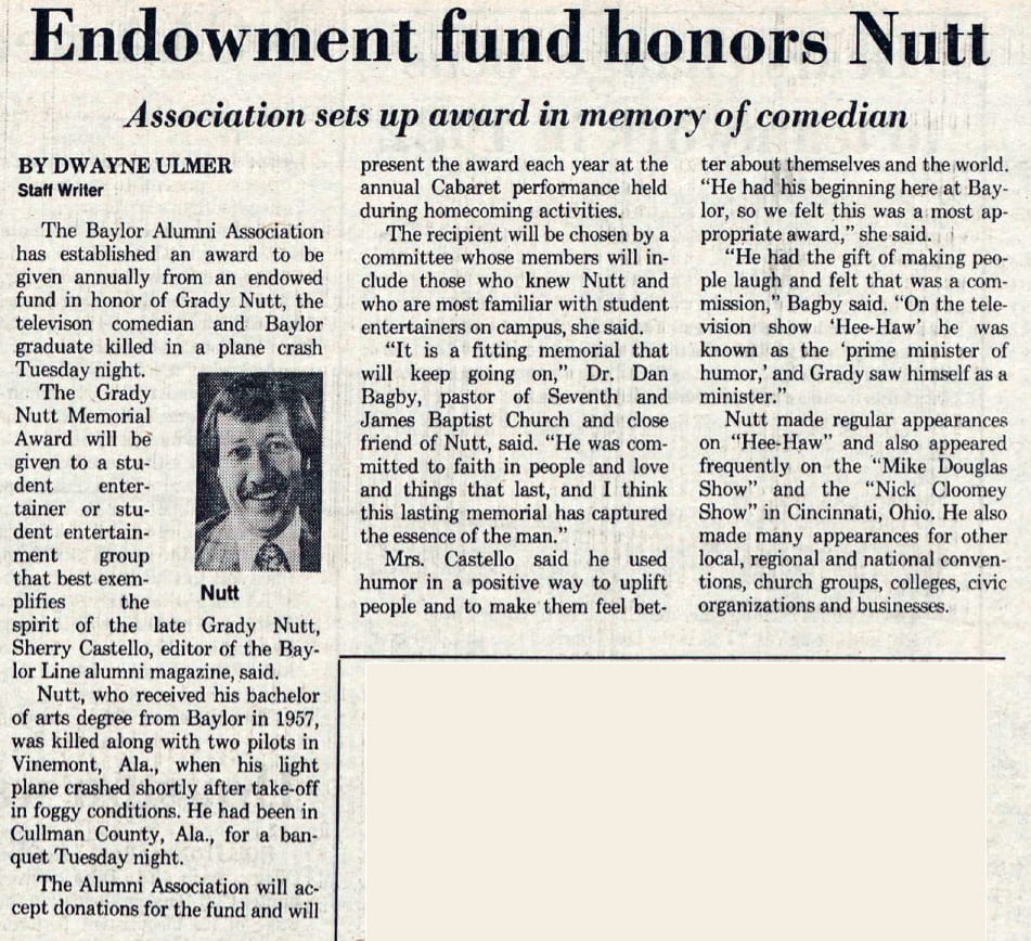 Article on Grady Nutt Memorial Award, from the November 20, 1982 "Baylor Lariat"