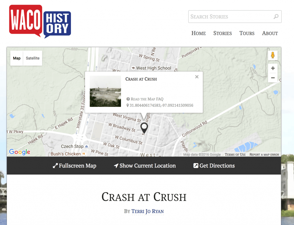 Screenshot of Crash at Crush story from Waco History (http://wacohistory.org/items/show/70)