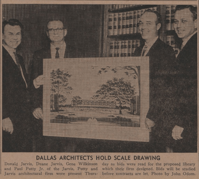 Photo of Jarvis Putty Jarvis representatives with library building rendering from the October 14, 1966 Baylor Lariat.