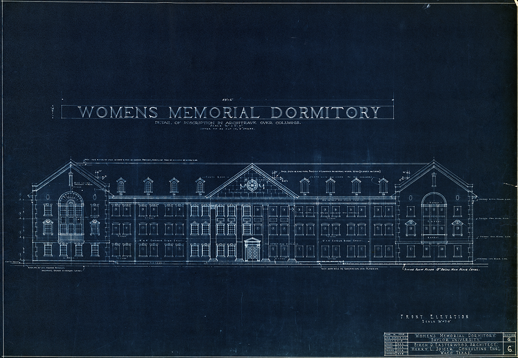 Front Elevation and Detail of Inscription in Architrave Over Columns, Women's Memorial Dormitory, Baylor University. Birch D. Easterwood, architect. June 10, 1929.