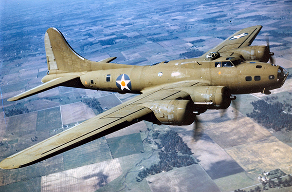 A B-17E Flying Fortress in flight, 1942. Image via Wikimedia, courtesy the U.S. Air Force.
