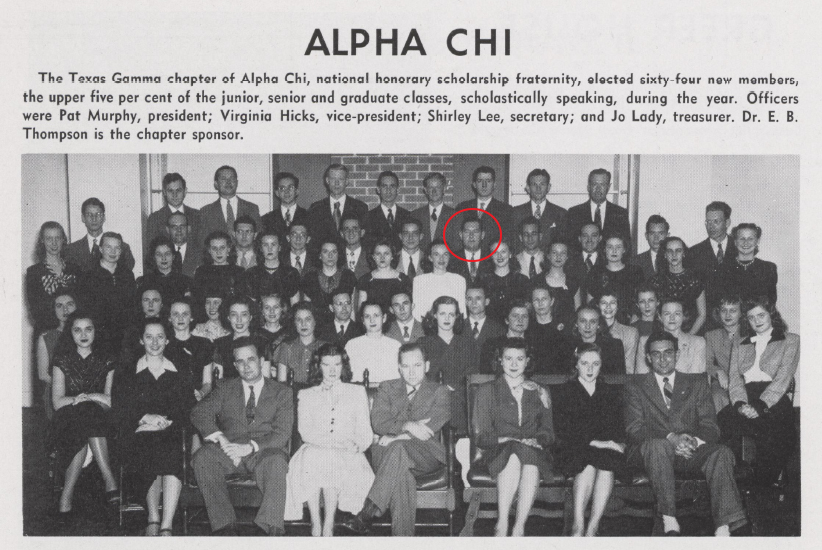 Best (circled) as part of the membership of Alpha Chi, 1948 "Round Up"