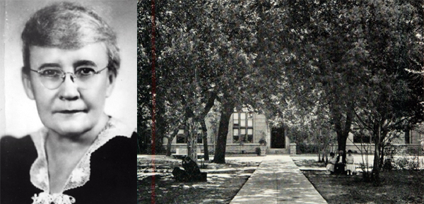 Annie Webb Blanton ca. 1929 and a peek through the trees at Carroll Chapel where she spoke in 1920