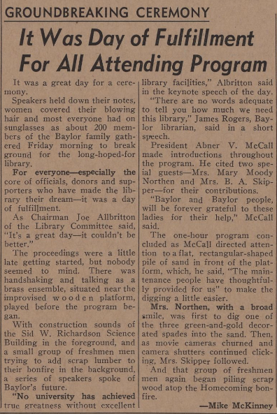 Mike McKinney's article on the ceremony, from the October 22, 1966 Baylor Lariat.
