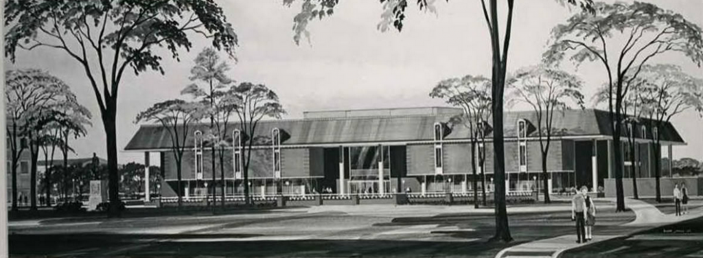 Architects' renderings of proposed new library for Baylor University, 1964. 