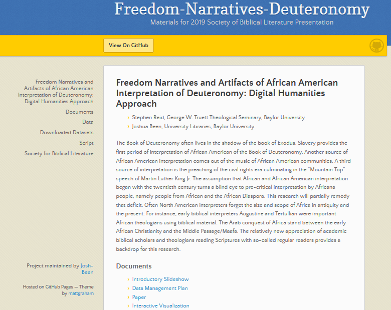 Documents accompanying SBL Presentation: Freedom Narratives and Artifacts of African American Interpretation of Deuteronomy