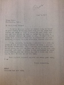 Letter to Elton Baird from Pat Neff, 1933. Courtesy of the Baylor University Archives