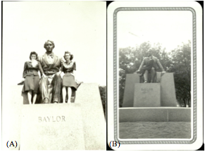Figure 1: (A) Katherine Lucylle Cope Fulmer and friend with Judge Baylor statue (image from Fulmer, 1:1) and (B) Katherine Lucylle Cope Fulmer in graduation cap and gown with Judge Baylor statue (image from Fulmer, 1:2 1941)
