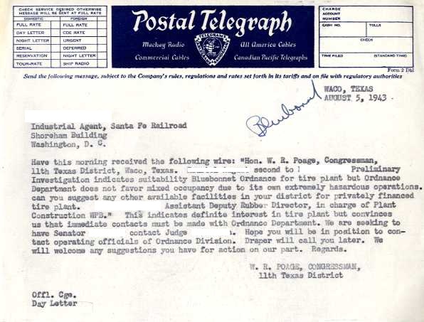 A telegram from Congressman W.R. Poage relaying information from a prospective industry contact. (Names redacted)