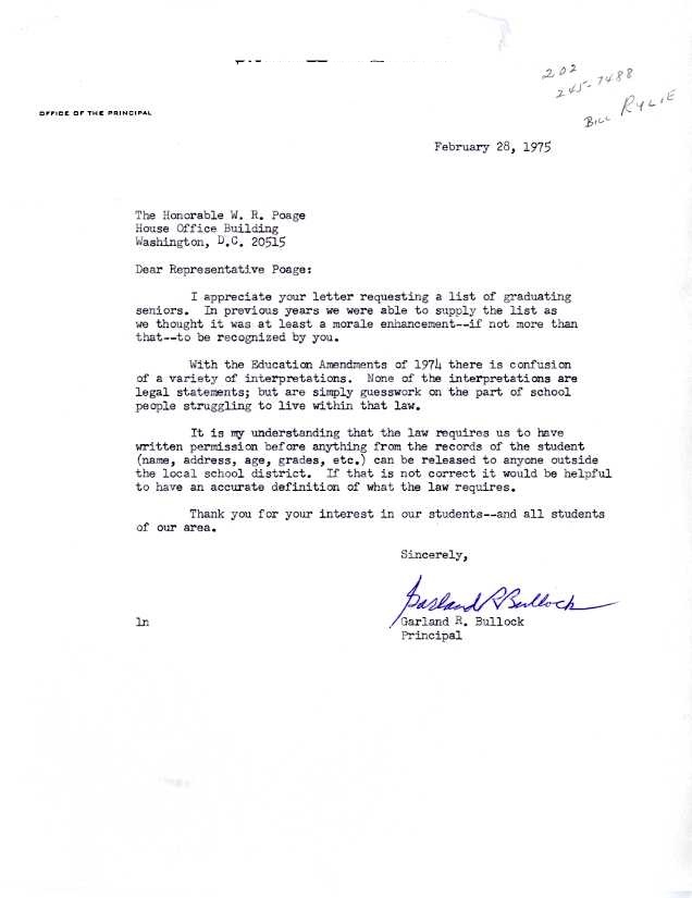 A letter from Principal Garland Bullock asking for clarification of a request's legality. Under the Buckley Act, educational institutes required student or guardian consent to release personal information.