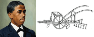 Illustration of Henry Blair alongside drawing of his invention