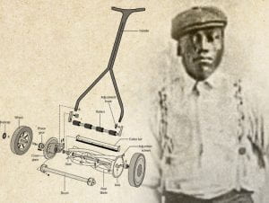 Photograph of John Albert Burr alongside diagram of a lawn mower