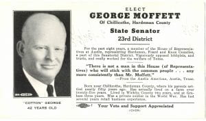 Flyer for George Moffett's Texas Senate campaign.