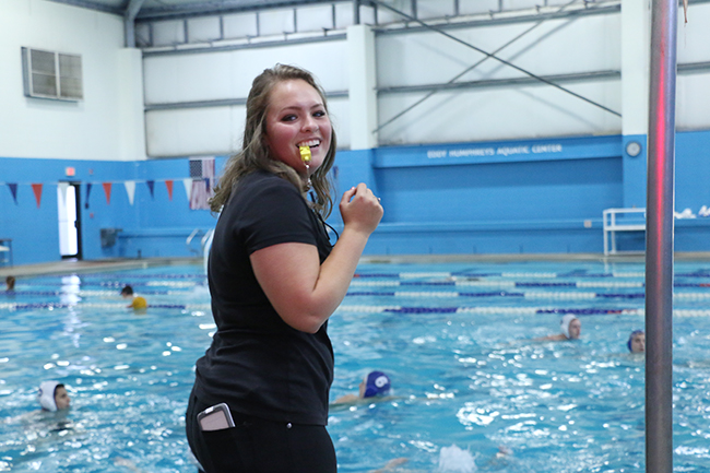 Water Polo Coach Alexis Crocker with her trusty whistle.