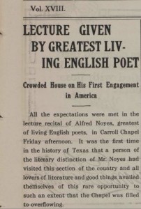 Account of Noyes's lecture in the 18 January 1917 issue of the Lariat (found in The Texas Collection)