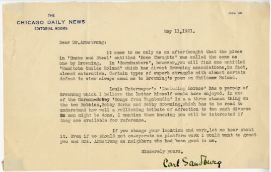 Carl Sandburg letter to A.J. Armstrong