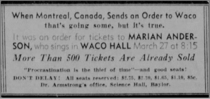 Seats went quickly for Anderson’s upcoming performance, The Waco News-Tribune, February 26, 1939, Newspapers.com (accessed April 9, 2015).