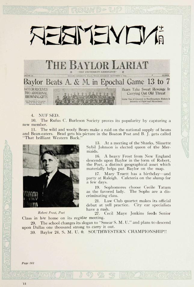 A "heavy Frost...in the form of Robert, the Poet" was featured in the 1923 Baylor yearbook The Round Up (The Texas Collection)