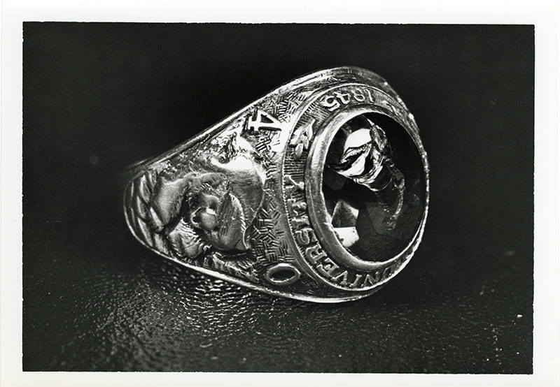 Phot0 of Walter Davis Gernand's Baylor University '40 class ring, found at the crash-site of his de Havilland Mosquito aircraft, where the young pilot and Baylor Alumnus lost his life in 1944. 
