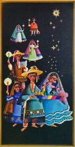 Black card with traditionally clothed Mexican pilgrims singing las posadas in processional. They are carrying candles and a platform holding Mary and Joseph under the stars. 